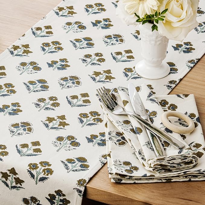Block Print Floral Decorative Table Runners, 13x48 Inch Brown | 100% Organic - Image 2