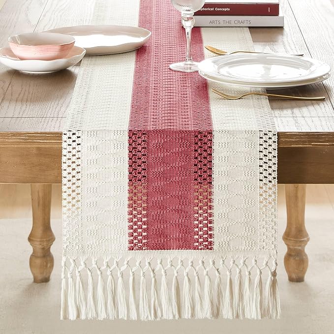 Macrame Style Bicolor Stitching Table Runner 14x60in Dusty Rose | Woven Boho - Image 2
