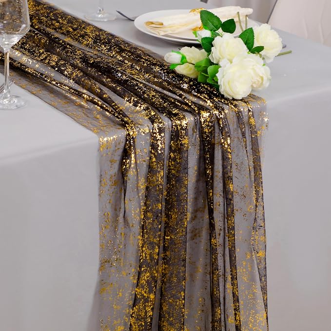 Snowkingdom 10 Pcs Black & Gold Cheesecloth Table Runner 10 FT, Sheer Chiffon by Snowkingdom
