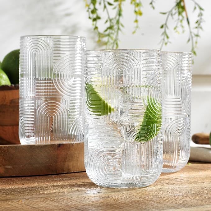 Highball Glasses Set of 8, 14 oz Embossed Drinking Glasses, Vintage Art Deco - Image 3