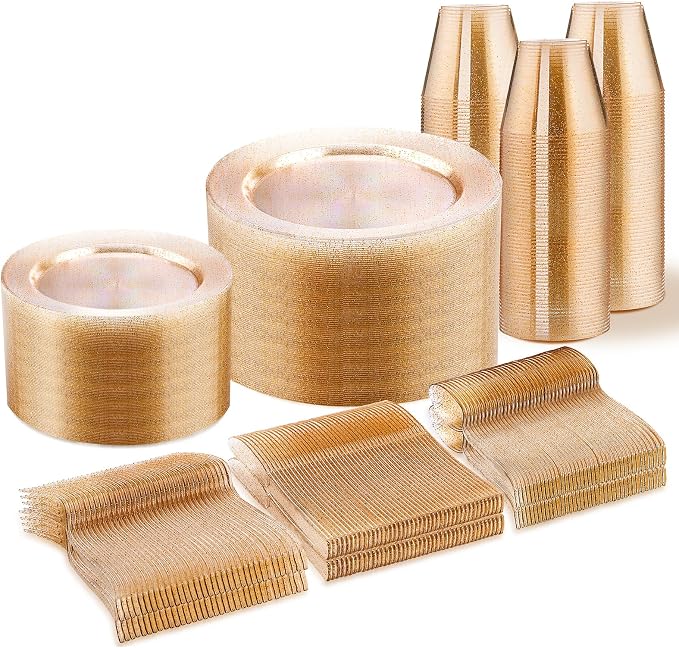 WELLIFE Gold Glitter Disposable Plates, Dinnerware Set by WELLIFE