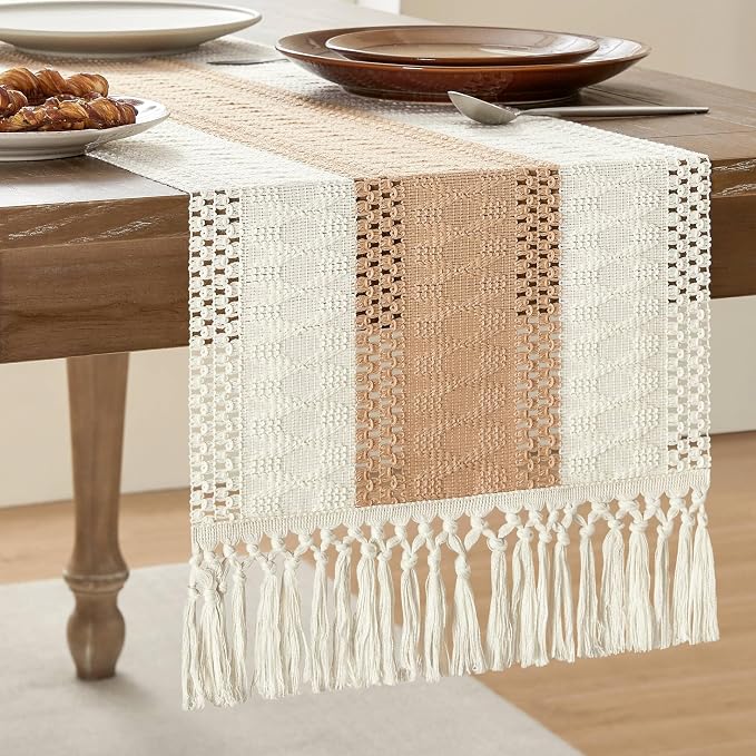 Macrame Style Bicolor Stitching Table Runner 14x48in Beige | Woven Boho Table by ZEEMARTONLINE