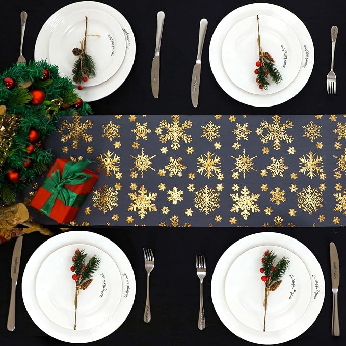 Snowkingdom 2PCS Gold Christmas Snowflake Glitter Table Runner 108 Inch | - Image 3