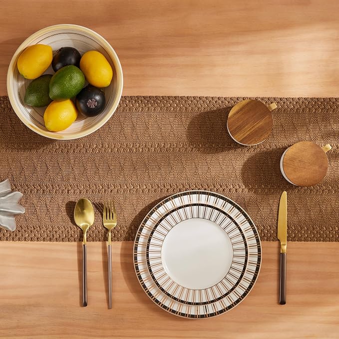 Macrame Style Boho Table Runner, 12x72 Inch Caramel | Woven Boho Table Runner - Image 4
