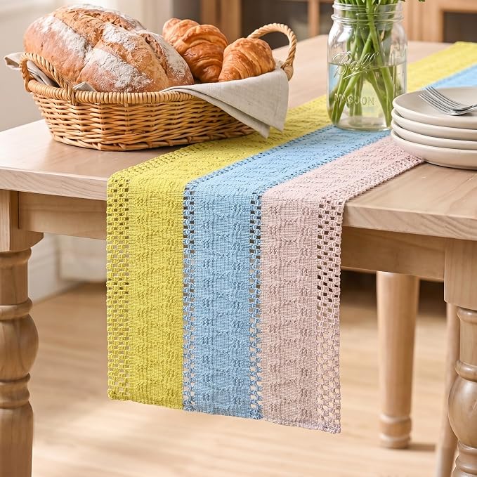 Artoid Mode Yellow Blue Pink Farmhouse Rustic Table Runner 12x108 Inch | by ArtoidMode