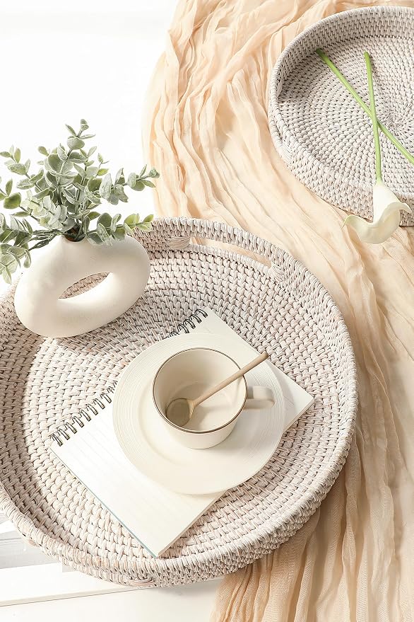 HITOMEN Hand-Woven Round Rattan Serving Tray Decorative Ottoman Wicker Platter - Image 2