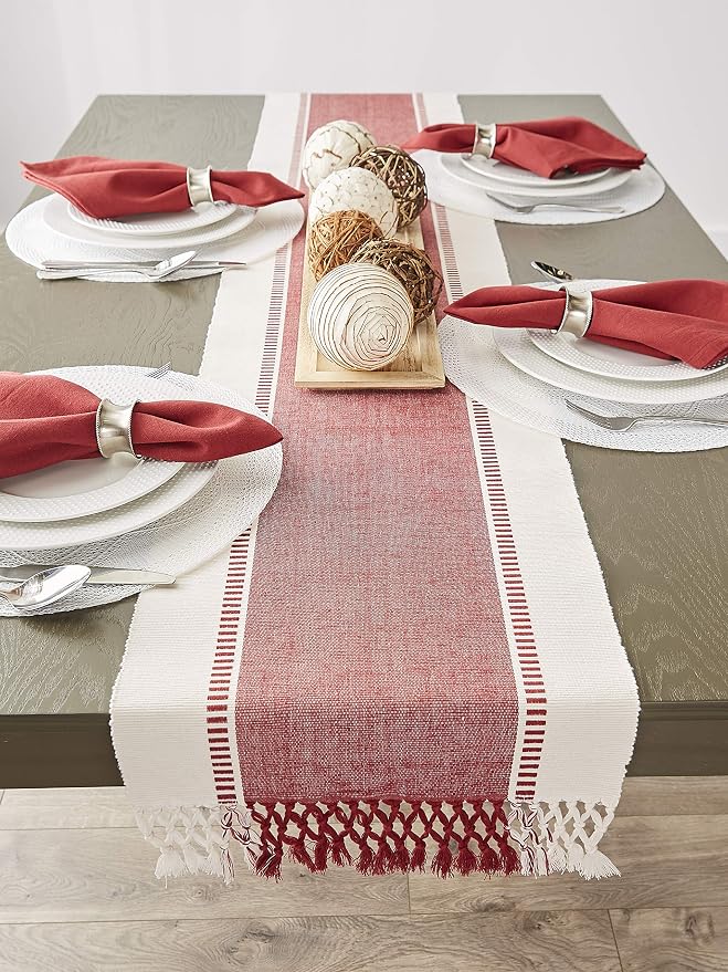 DII Dobby Stripe Table Runner, Barn Red & Cream Background | Woven Decorative - Image 8
