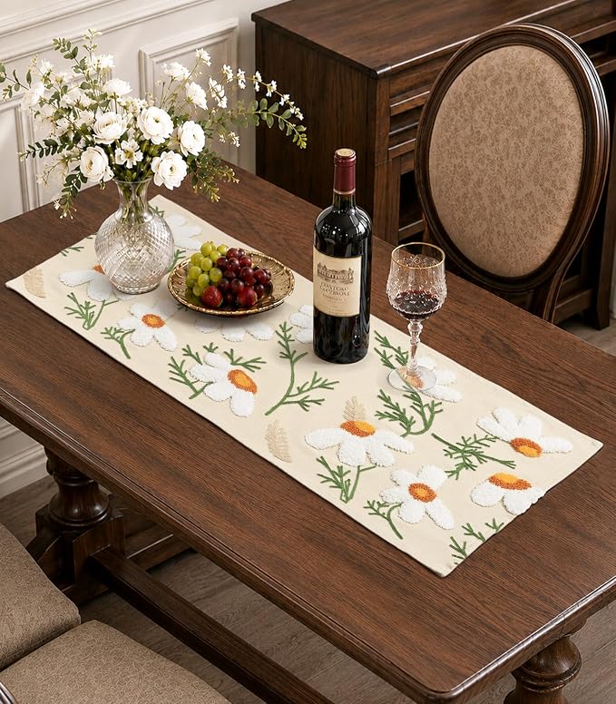 Canvas Embroidered Narrow 13"x 36" Table Runner, Rustic texture, Machine by Kokaaee
