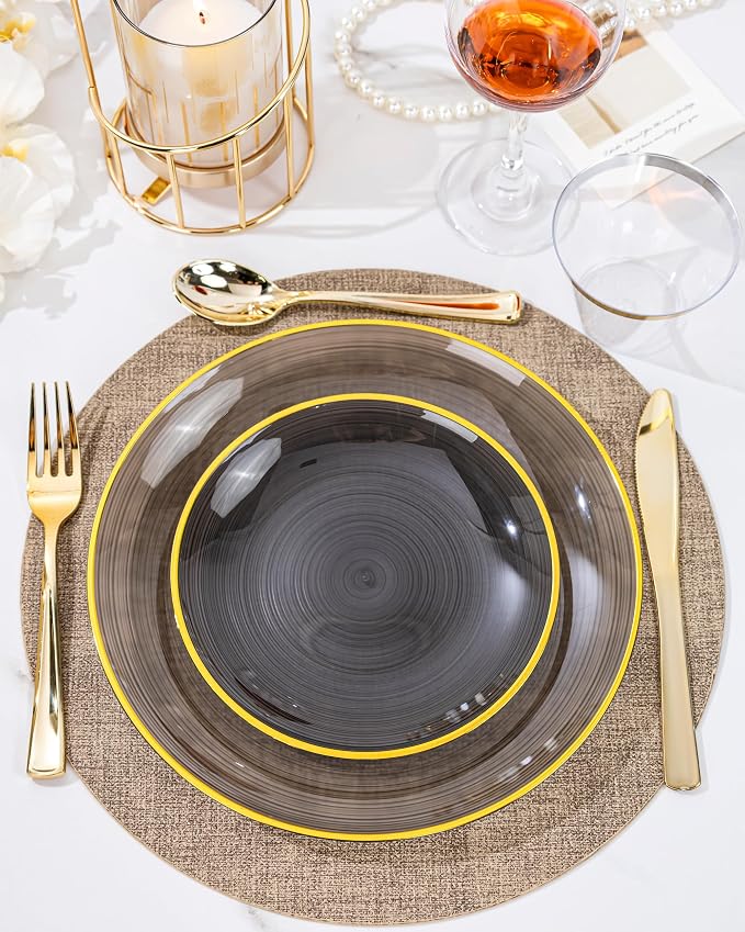 Morejoy 60Pcs Black Plastic Plates, Modern swirl design Plates Include 30 - Image 7