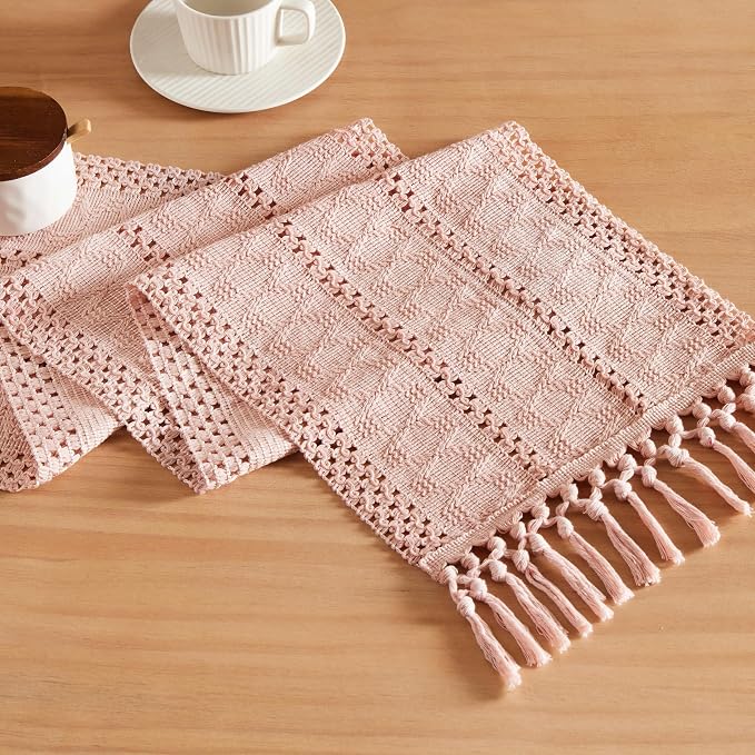 Macrame Style Boho Table Runner, 12x108 Inch Light Pink | Woven Boho Table by ZEEMARTONLINE