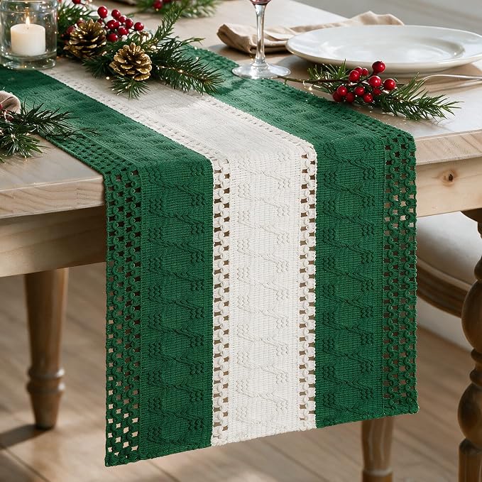 Artoid Mode Dark Green Farmhouse Woven Table Runner 12x36 Inch | Holiday Rustic by ArtoidMode