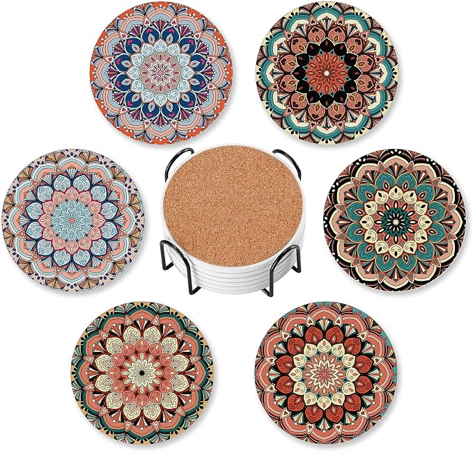 Drink Coasters for Drinks Set of 6, Mandala Absorbent Round Ceramic Stone Mat by TXIANT