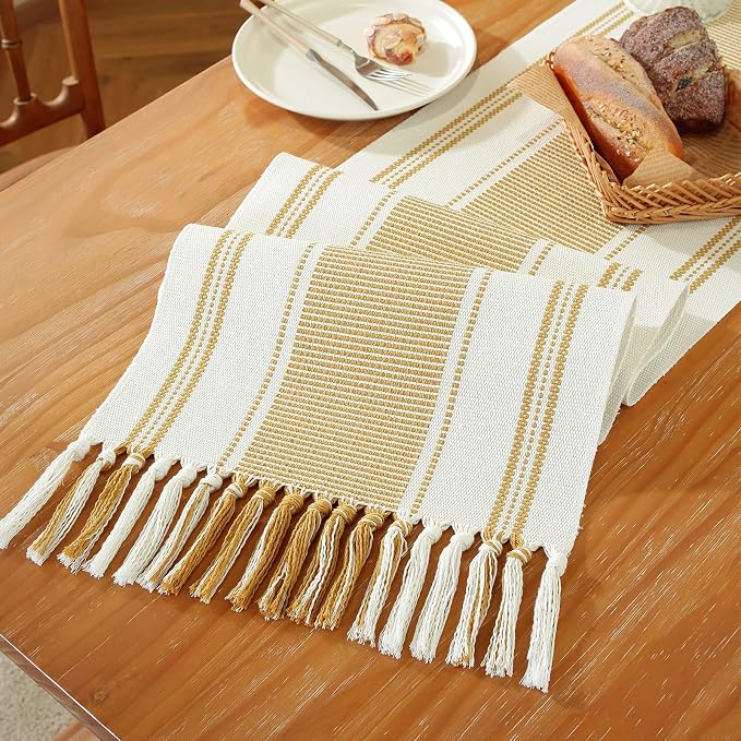 Gold Table Runner with Tassels, 90 Inches Long Farmhouse Macrame Cotton Linen - Image 3