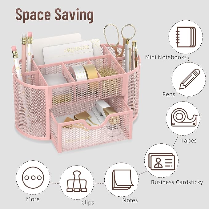 Mesh Desk Organizer with Drawer, 9-Compartment Pen Holder - Image 3