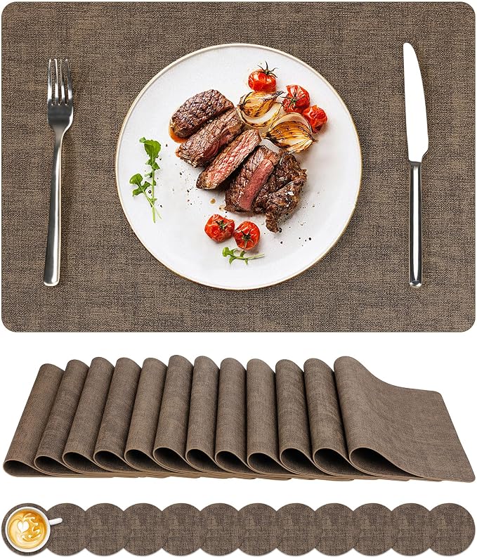 NCUE Vinyl Placemats Set of 12, Heat Resistant, Nonslip Faux Leather Waterproof by NCUE