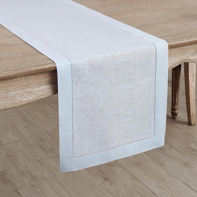 Solino Home 100% Pure Linen Table Runner Blue, Classic Hemstitch 14 x 90 in | - Image 2