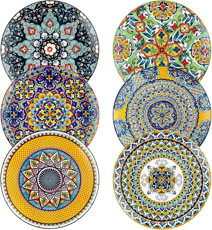 HENXFEN LEAD Boho Ceramic Dinner Plates Set of 6, 10.5 Inch | Assorted Patterns by HENXFENLEAD