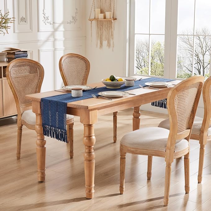 Macrame Style Boho Table Runner, 12x72 Inch Navy Blue | Woven Boho Table Runner - Image 3