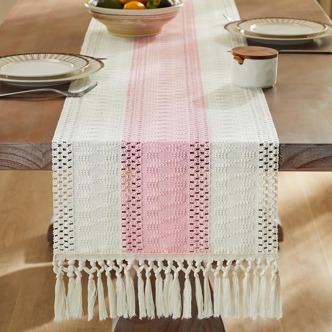Macrame Style Bicolor Stitching Table Runner 14x36in Light Pink | Woven Boho - Image 3