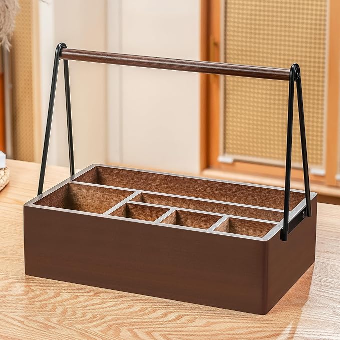 PTSTING Silverware Caddy with Handle Acacia Wood, Paper Plate Dispenser | - Image 6