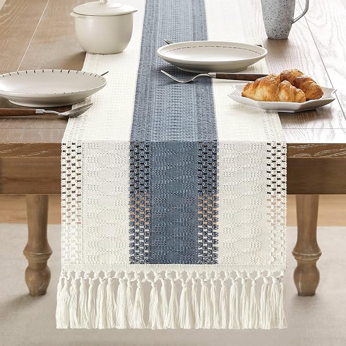 Macrame Style Bicolor Stitching Table Runner 14x48in Navy | Woven Boho Table - Image 2