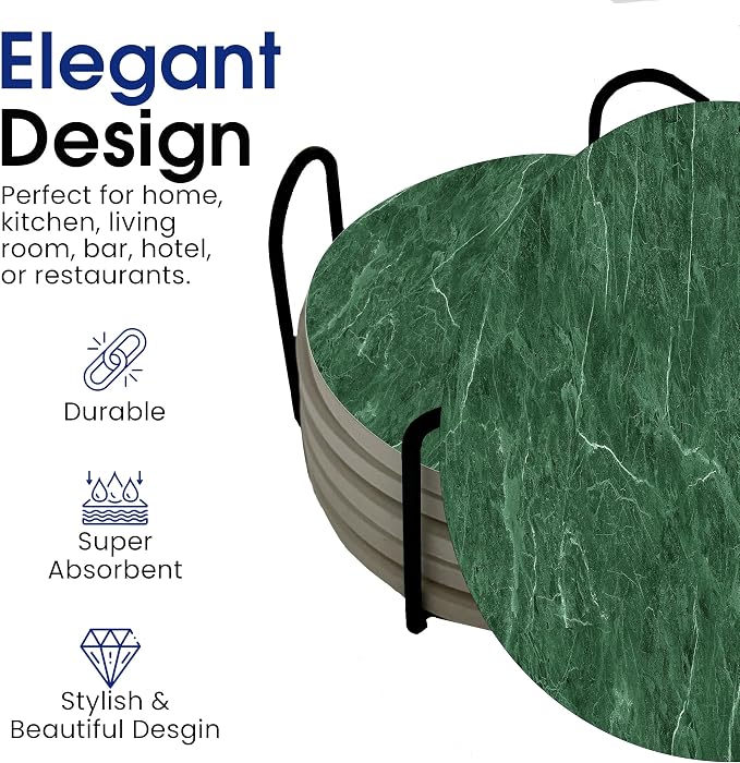 Dark Green Marble Round Coasters Set of 6 - Image 3