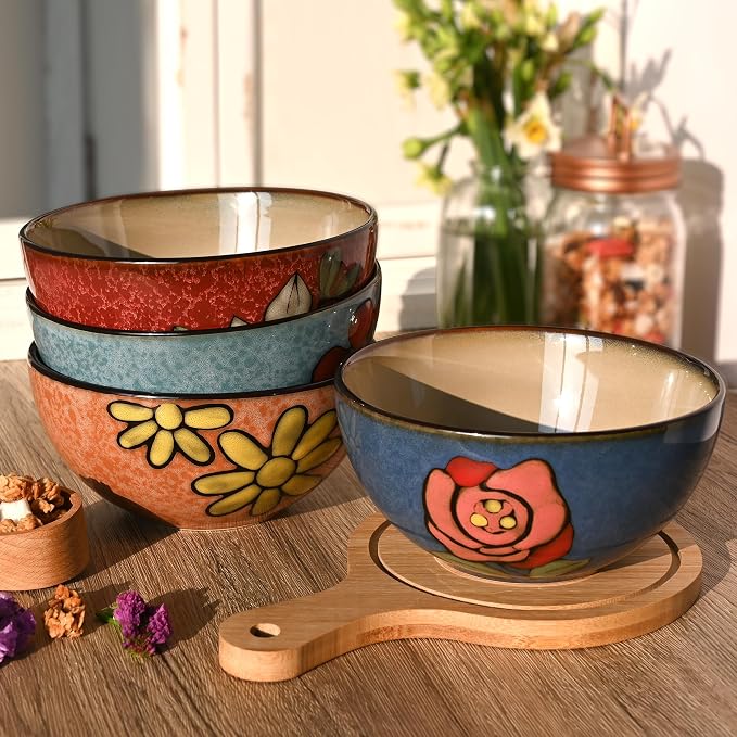 Ceramic Cereal Bowls Set of 6, Floral Design 6 inch – 28oz - Image 4