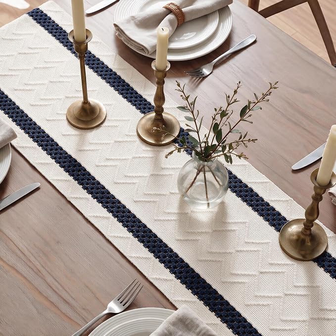 Artoid Mode Dark Blue Stripe Woven Rustic Table Runner 12x72 Inch | Holiday - Image 4