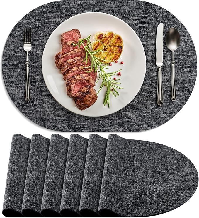 Placemats for Dining Table Set of 6 Non-Slip, Heat Resistant Oval Leather by Delicateandelegantplacemats