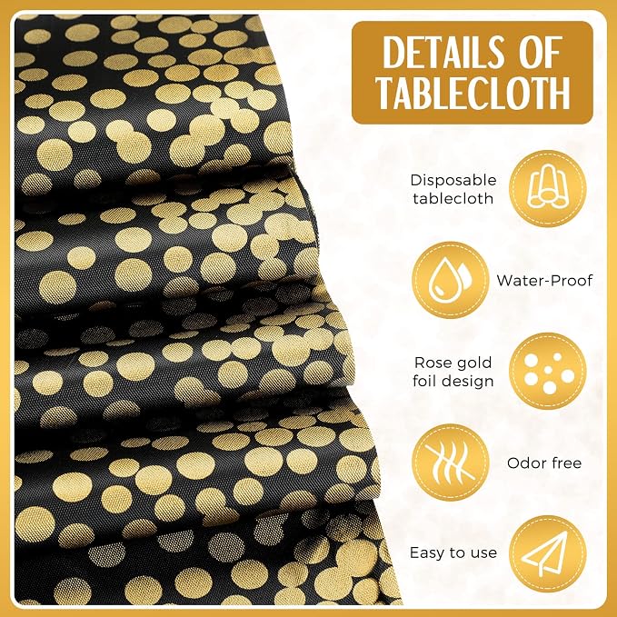 8 Pack New Year Black and Gold Disposable Plastic Tablecloths and Satin Table - Image 3