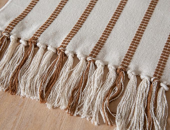 Caflife Boho Table Runner 108 Inchs Long Brown and Beige, Cotton and Linen Woven - Image 6