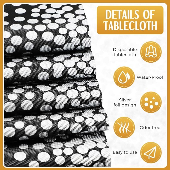 24 Packs Black and Silver Disposable Plastic Tablecloths and Satin Table Runner - Image 3