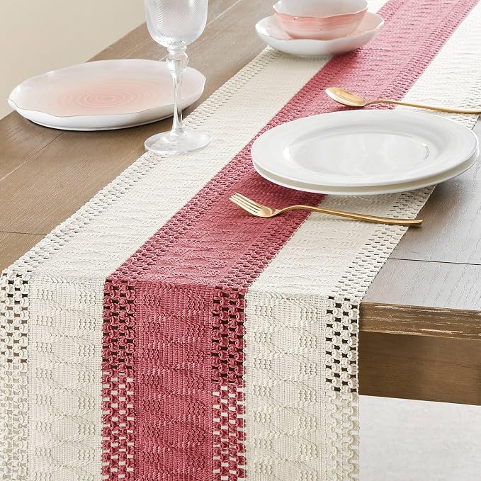 Macrame Style Bicolor Stitching Table Runner 14x108in Dusty Rose | Woven Boho - Image 5