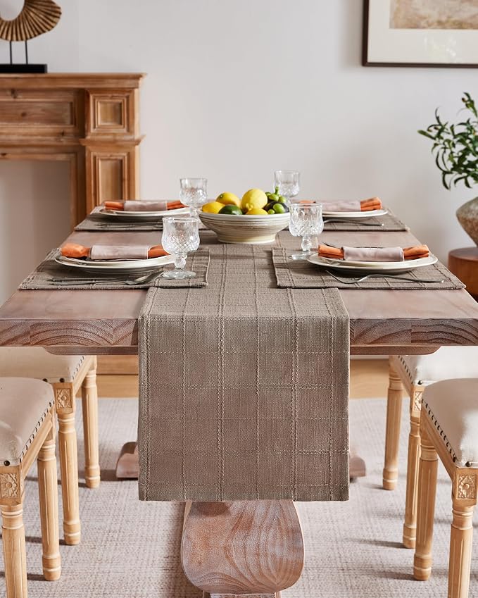 Linen Checked Farmhouse Table Runner, 13x90 Inches Cocoa Brown | Raised Grid - Image 2