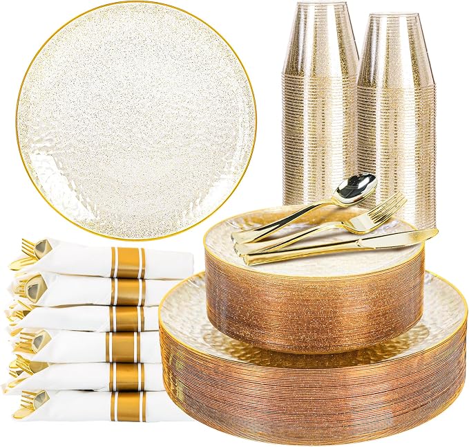 HOMIP 175PCS Clear Gold Glilter Plastic Dinnerware Set, Prerolled Silverware | by HOMIP