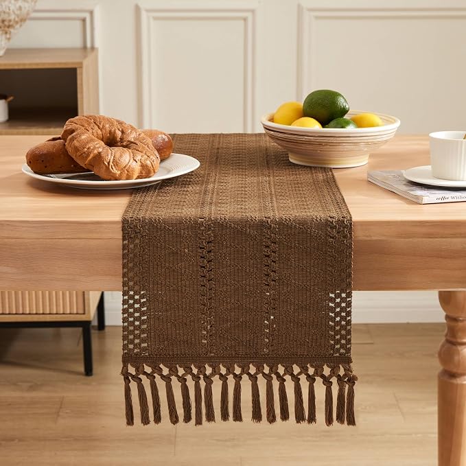 Macrame Style Boho Table Runner, 12x48 Inch Caramel | Woven Boho Table Runner - Image 2