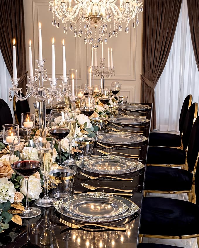 Nervure 600Pcs Clear and Gold Plastic Plates, Dinnerware Set - Image 8
