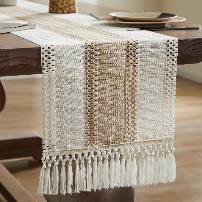 Macrame Style Bicolor Stitching Table Runner 14x90in Taupe | Woven Boho Table - Image 7