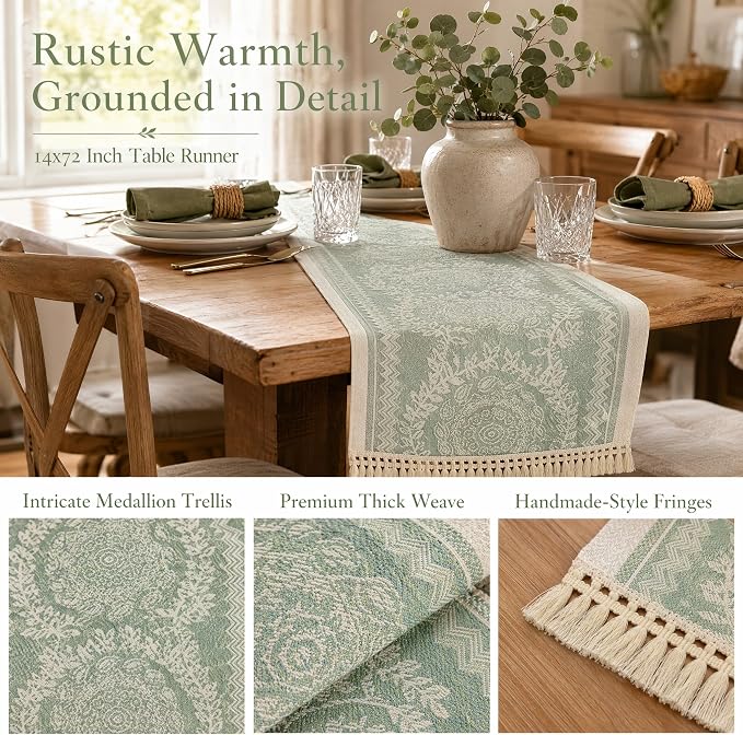 14x107 Medallion Table Runner Waterproof Rustic Farmhouse Macrame | Planning a - Image 3