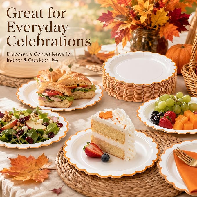 30 Pack Orange and White Paper Plates 7 Inch, Disposable Scalloped Plates - Image 7