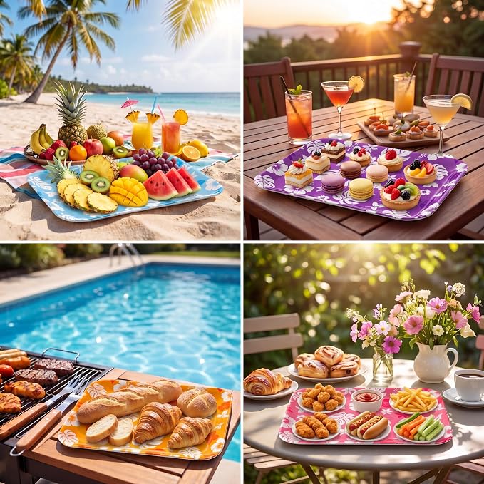 4 Pieces Tropical Serving Trays Hibiscus Floral Melamine Platters Reusable - Image 6
