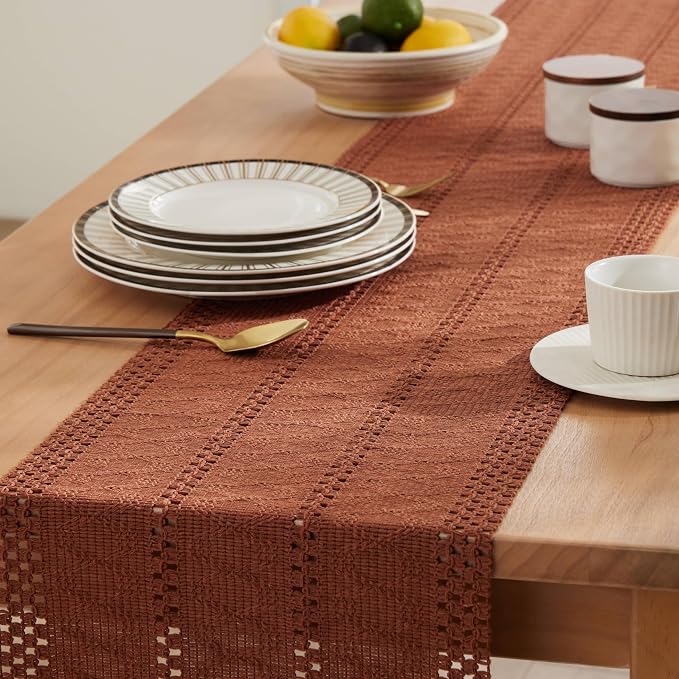 Macrame Style Boho Table Runner, 12x48 Inch Terracotta | Woven Boho Table Runner - Image 5