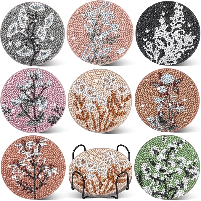 8 Pcs Boho Diamond Art Painting Coasters Holder Floral | Abstract Diamond Art by Ovveroche
