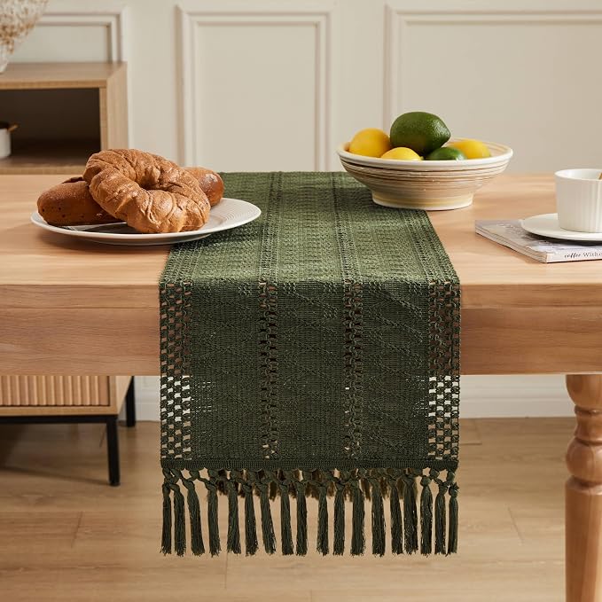 Macrame Style Boho Table Runner, 12x108 Inch Olive | Woven Boho Table Runner - Image 2