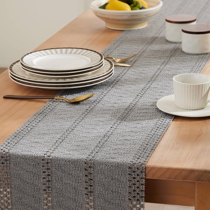 Macrame Style Boho Table Runner, 12x60 Inch Grey | Woven Boho Table Runner - Image 5