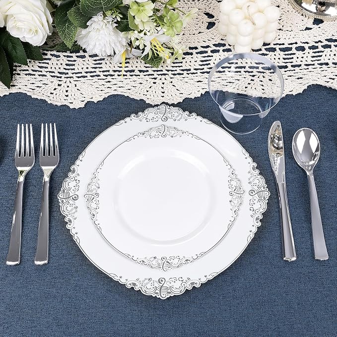 Nervure 600Pcs Silver Plastic Plates, Plastic Dinnerware Set - Image 8