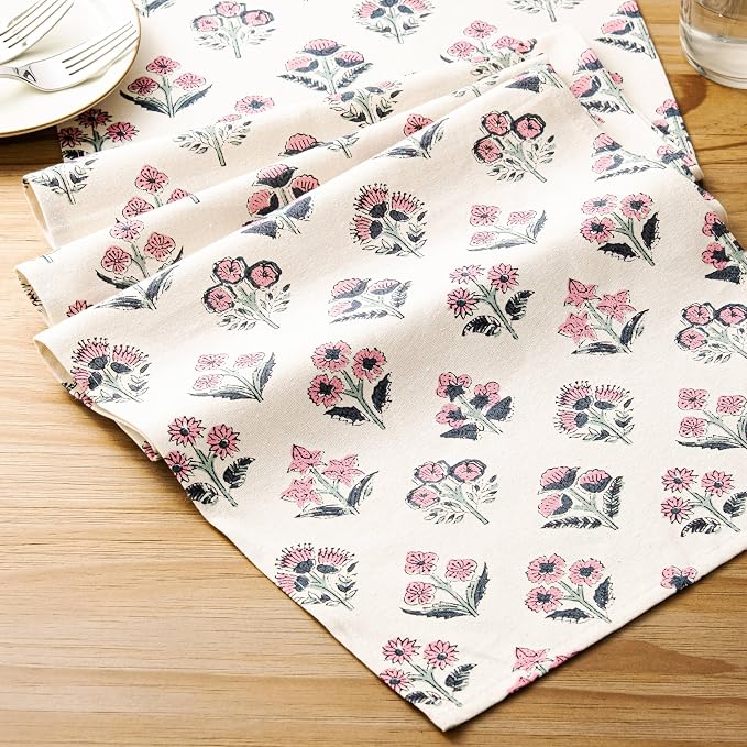 Block Print Floral Decorative Table Runners, 13x60 Inch Pink | 100% Organic - Image 6