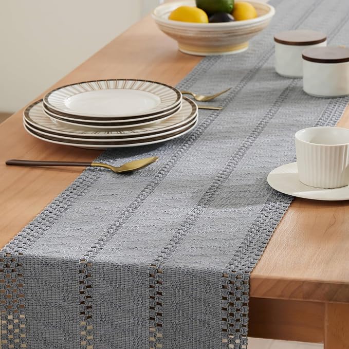 Macrame Style Boho Table Runner, 12x90 Inch Light Blue Grey | Woven Boho Table - Image 5