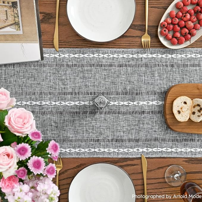 Artoid Mode Dark Grey Rustic Cotton Linen Table Runner, Seasonal Embroidered - Image 3