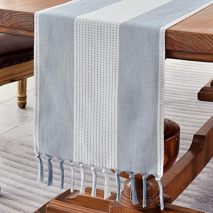 Wracra Linen Table Runner, Stripe Table Runners 36 Inches Long Blue | Delicate by Wracra